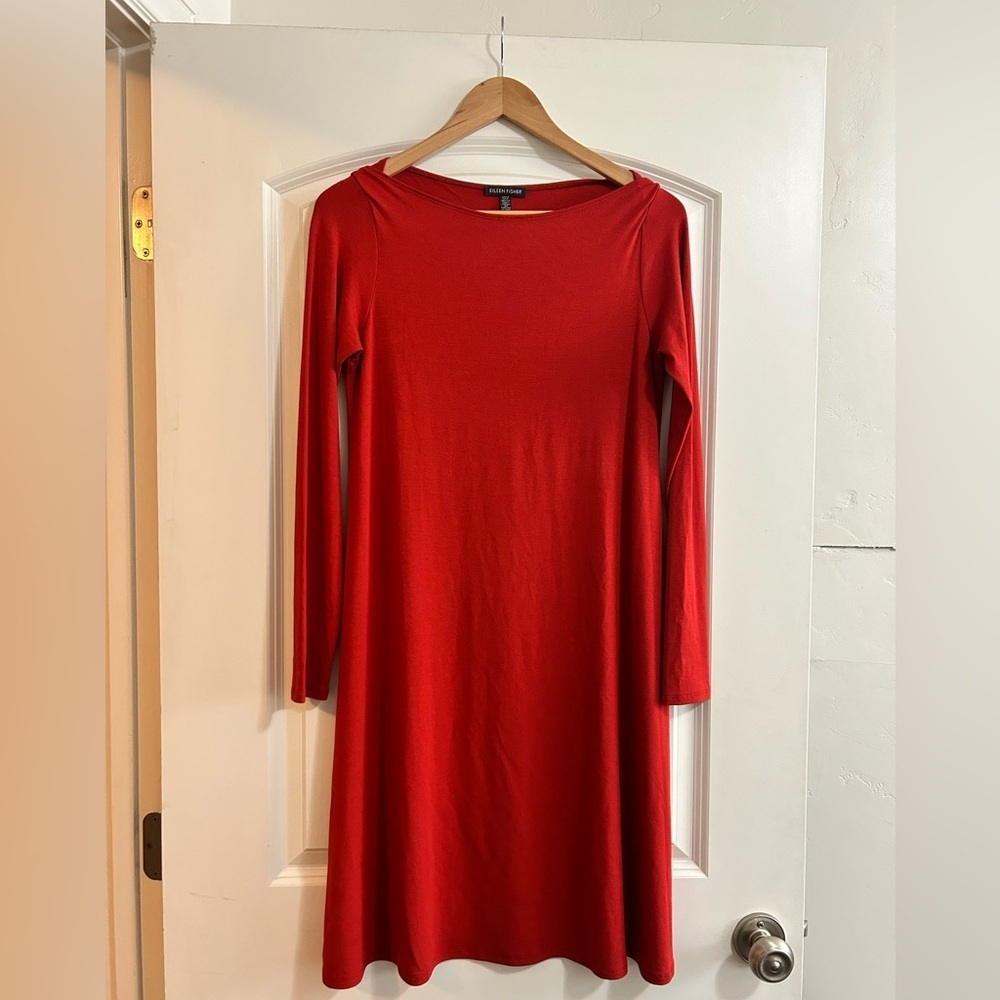 Eileen Fisher burnt orange red swing dress long sleeve size xs
